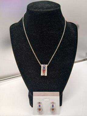 NEW! White Gold Filled Multicolor Crystal Bar Pendant Necklace & Earrings Trendy